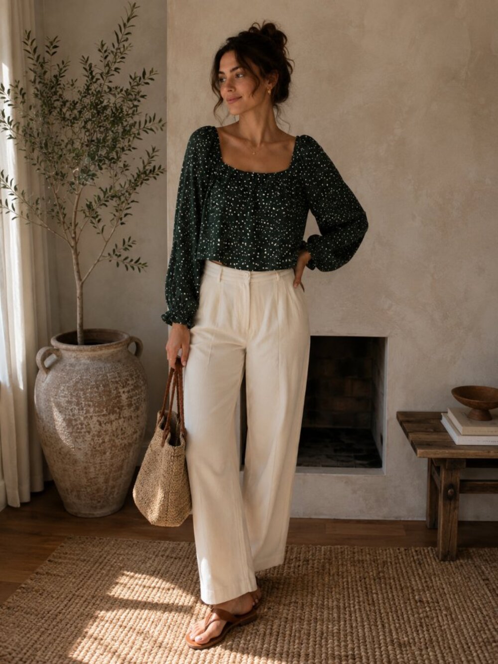 Abercrombie & Fitch Forest Green Long-Sleeve Peasant Blouse with White Dot Print